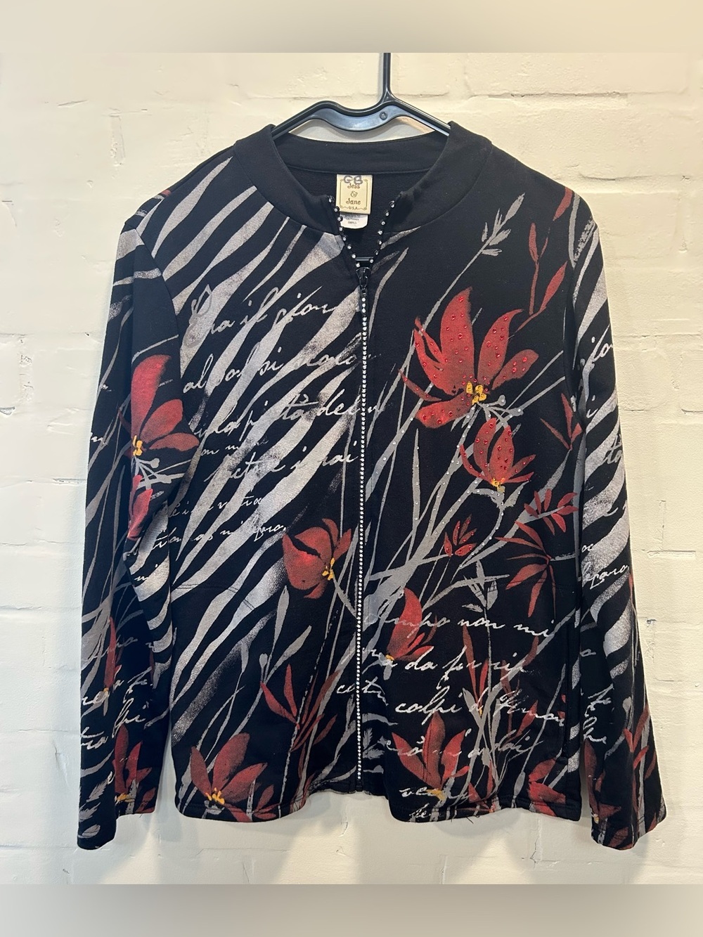 Jess & Jane Lily Flowers Jacket Black Floral Zebra Stripe Full Zip Rhinestone S